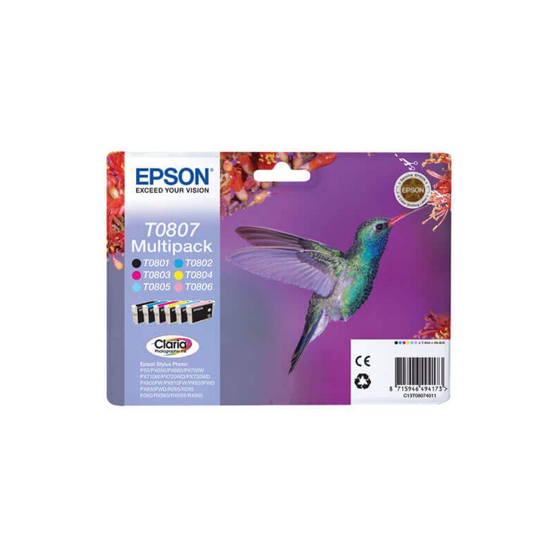 Epson C13T08074011 T0807 Kit 6 Cartucce Originali Bk Nero Ciano Magenta Yellow Light Ciano Light Magenta