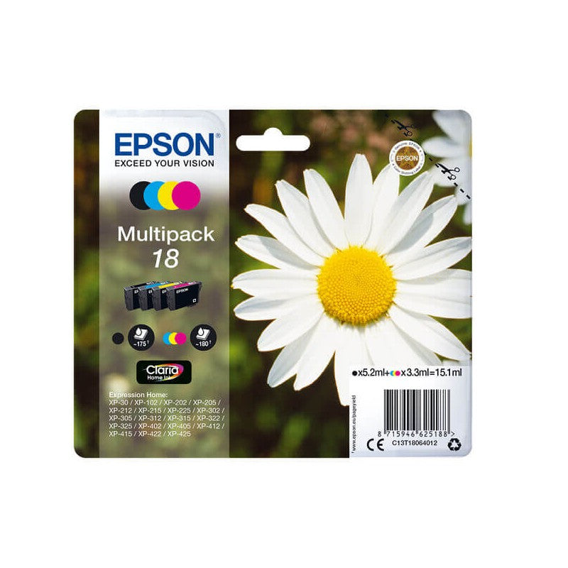 Epson C13T18064012 T1806 18 Kit 4 Cartucce Originali BK C M Y