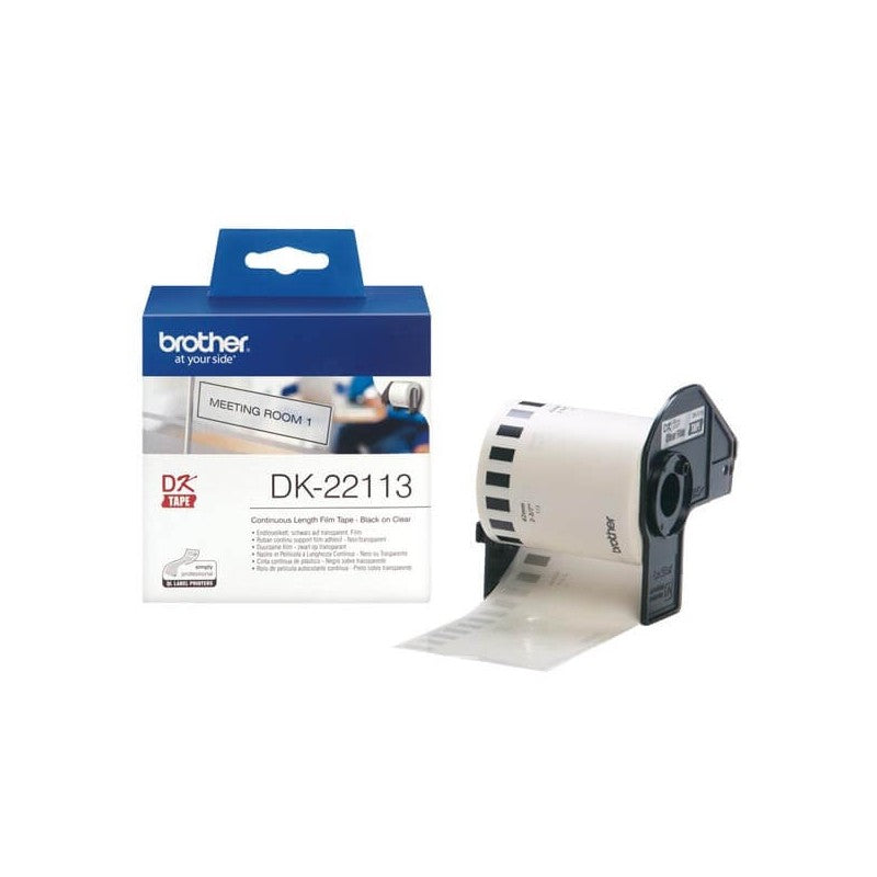 Brother DK-22113 Rotolo di etichette in Pellicola Trasparente Originale 62mm x 15,24m Nero Trasparente