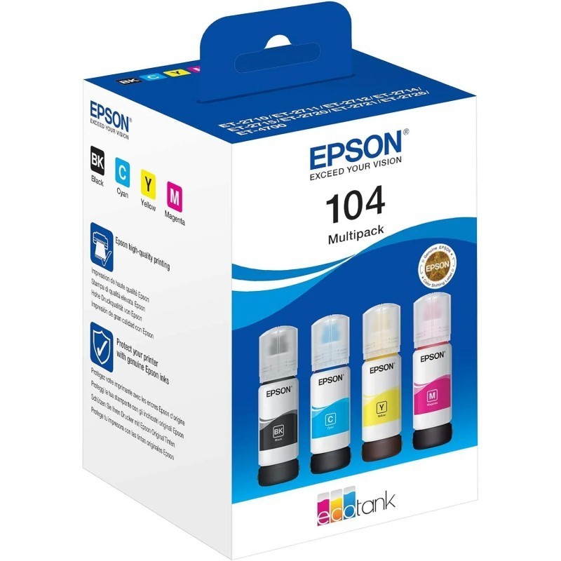 Kit 4 Flaconi Inchiostro Originale Epson 104 T00P640 Bk Nero C Ciano M Magenta Y Yellow 65ml