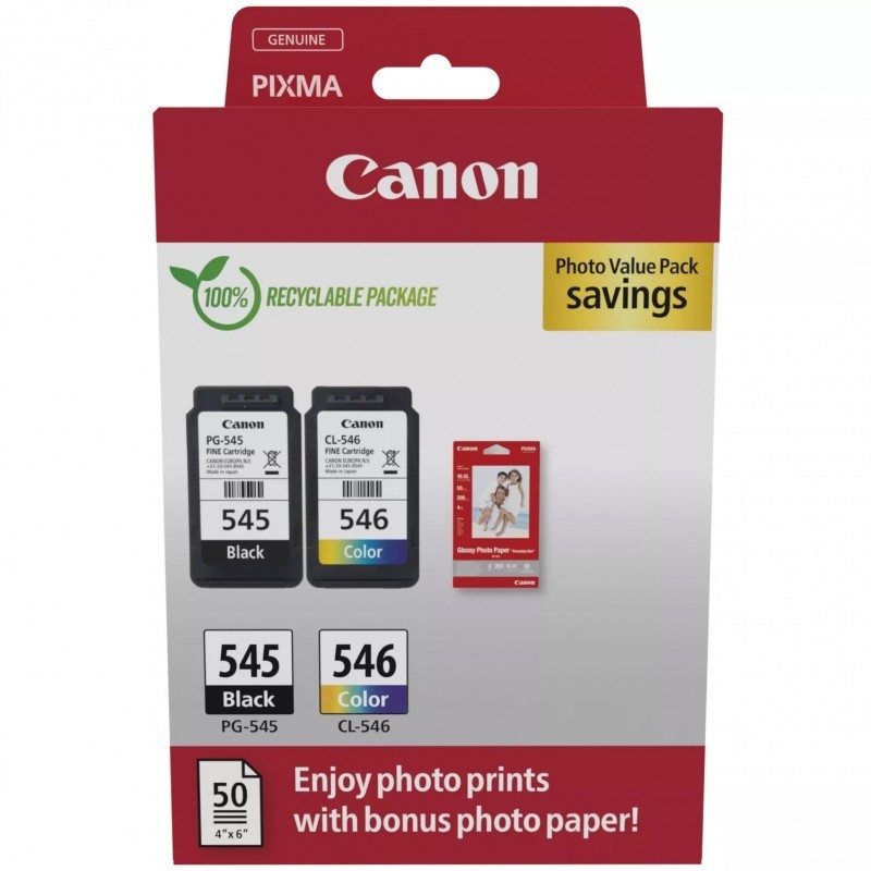 Canon PG-545 + CL-546  Kit 2 Cartucce Originali Bk Col + 50 Fogli Carta Fotografica 8287B008