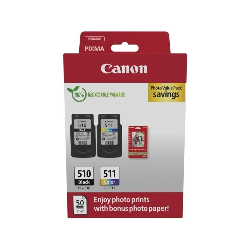 Canon PG-510 + CL-511 2970B017 Kit 2 Cartucce Originali Bk Col + 50 Fogli Carta Fotografica