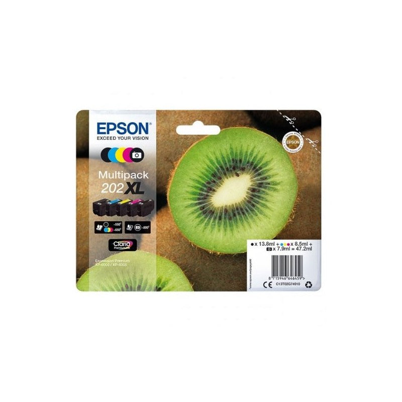Epson C13T02G7 C13T02G74010 202XL Multipack 5 Cartucce Originali Bk Nero Photo Bk C M Y