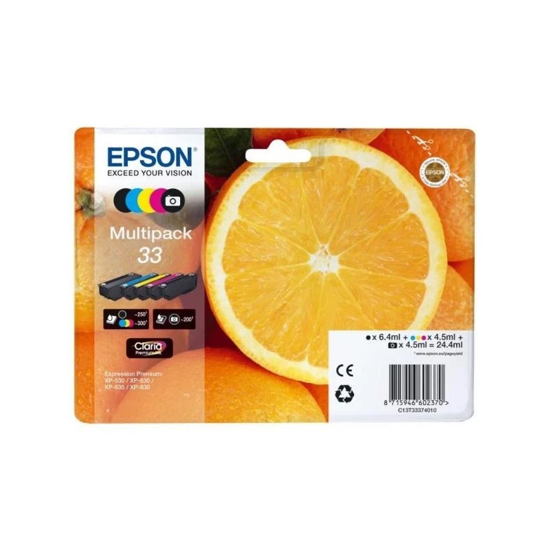 Epson C13T33374011 33 T3337 Kit 5 Cartucce Originali BK Photo Bk C M Y